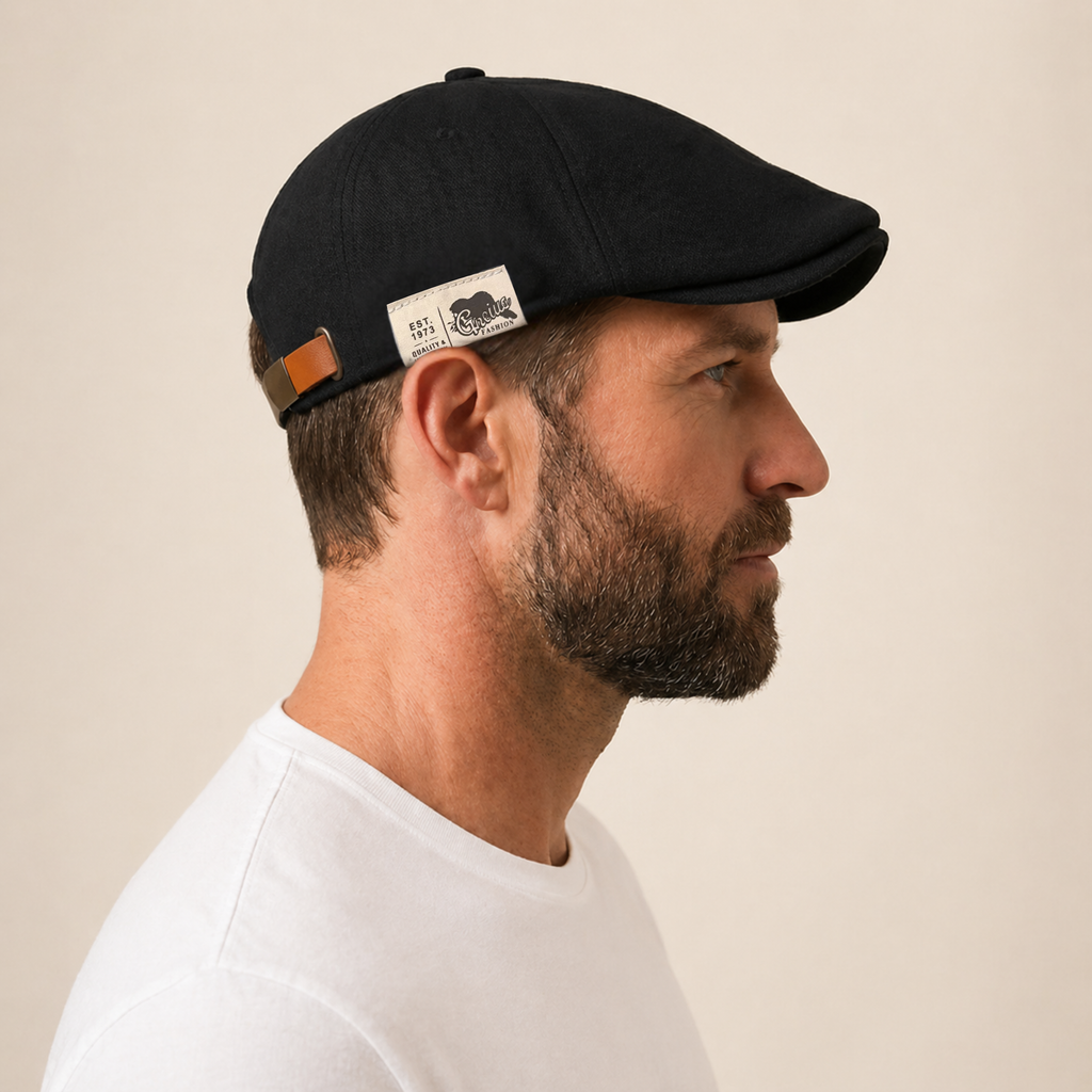 The Urban Flat Cap in black, side profile