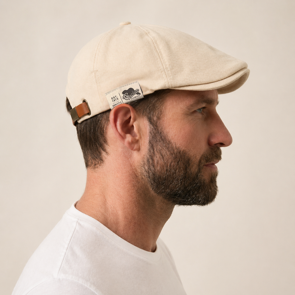 The Urban Flat Cap in beige, side profile