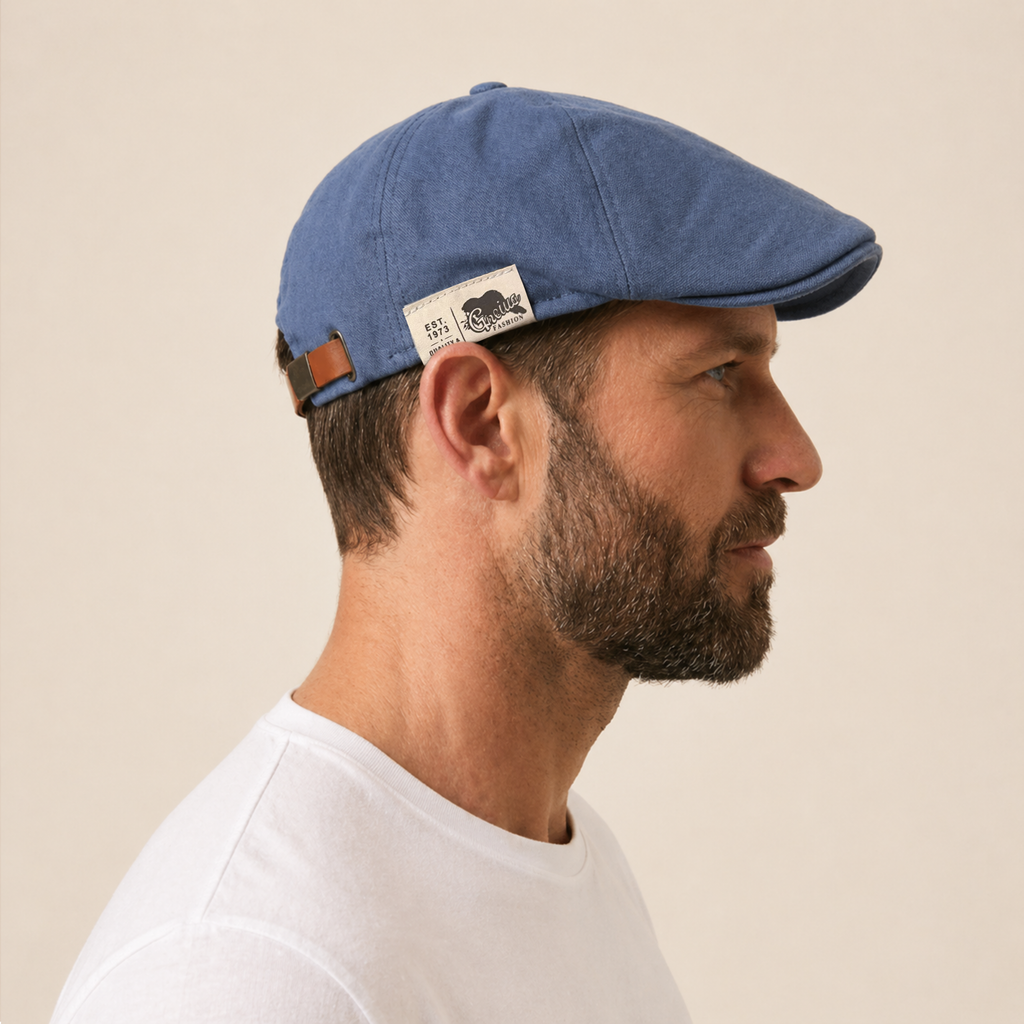 The Urban Flat Cap in dusty blue, side profile