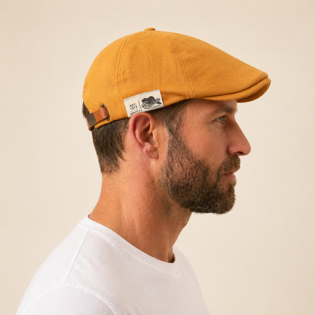 The Urban Flat Cap in yellow, side profile