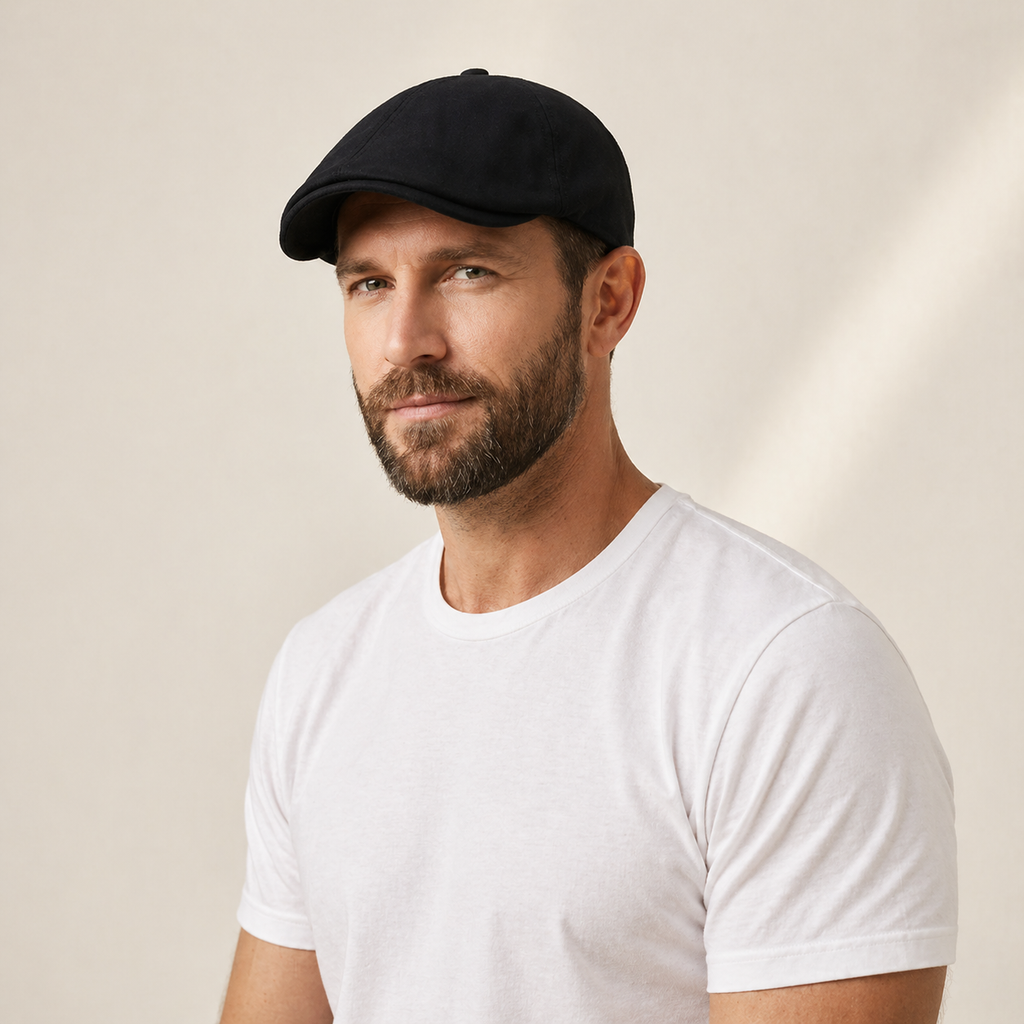 The Urban Flat Cap in black, front view on model