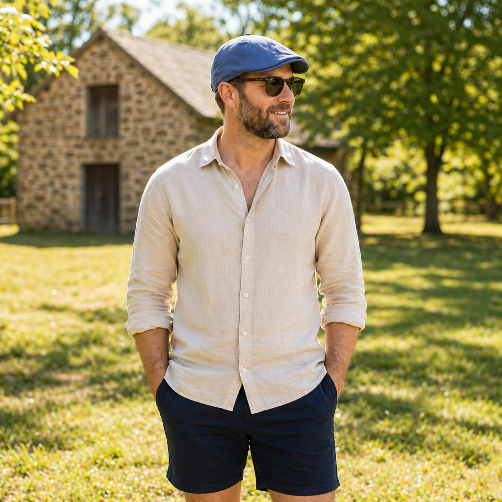 Man wearing The Urban Flat Cap in dusty blue outdoors