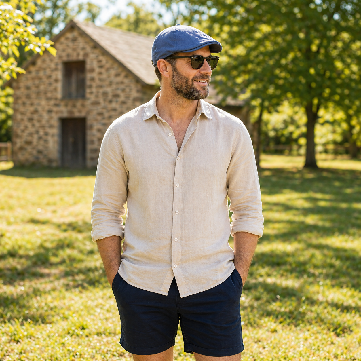 Man wearing The Urban Flat Cap in dusty blue outdoors