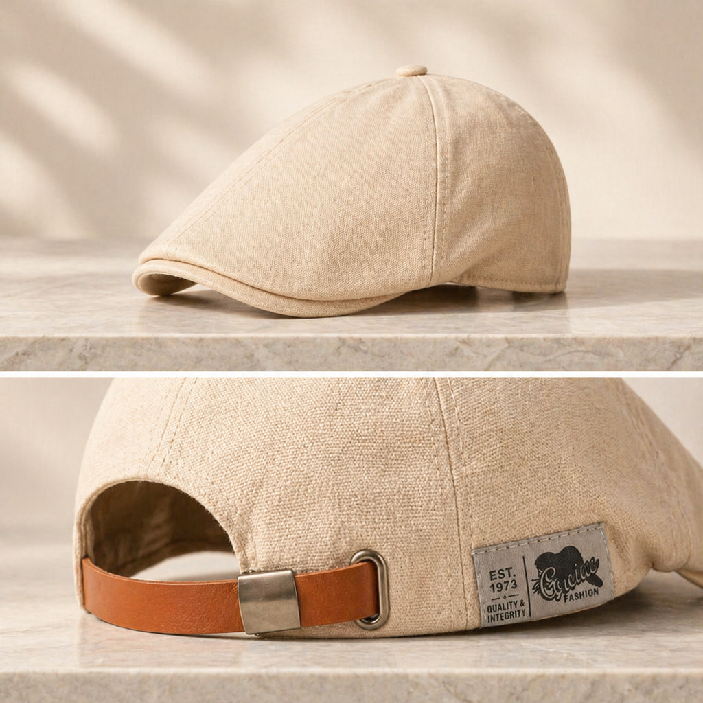 The Urban Flat Cap in beige, front and adjustable back strap