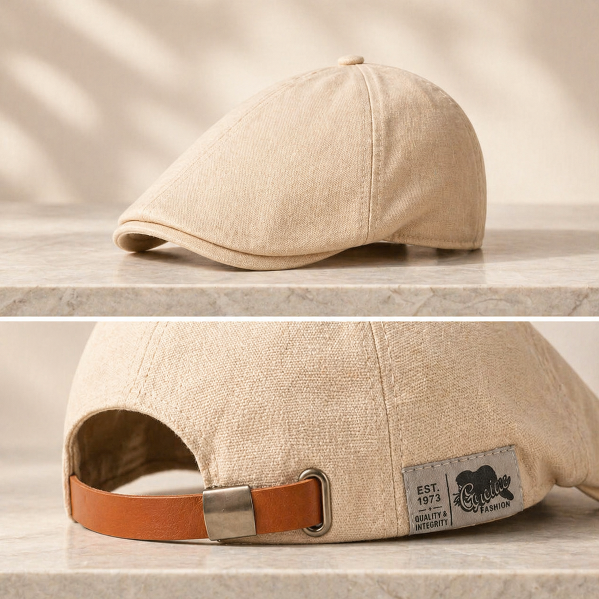 The Urban Flat Cap in beige, front and adjustable back strap
