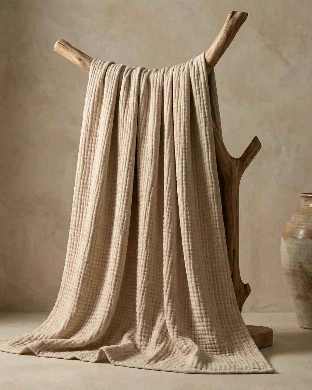 Muslin Blanket in Dune, close-up of the open cotton weave