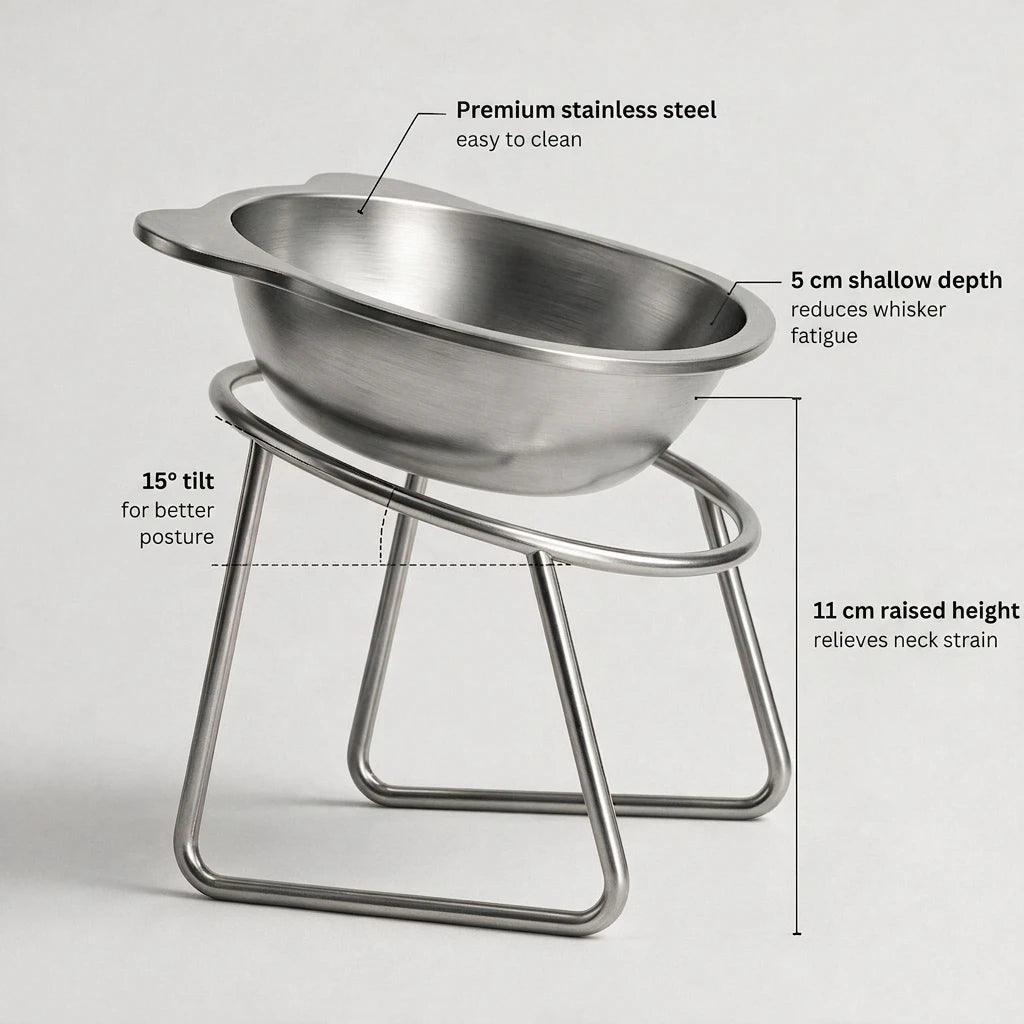 Dog bowl features: 15 degree tilt, 11cm raised height, shallow depth