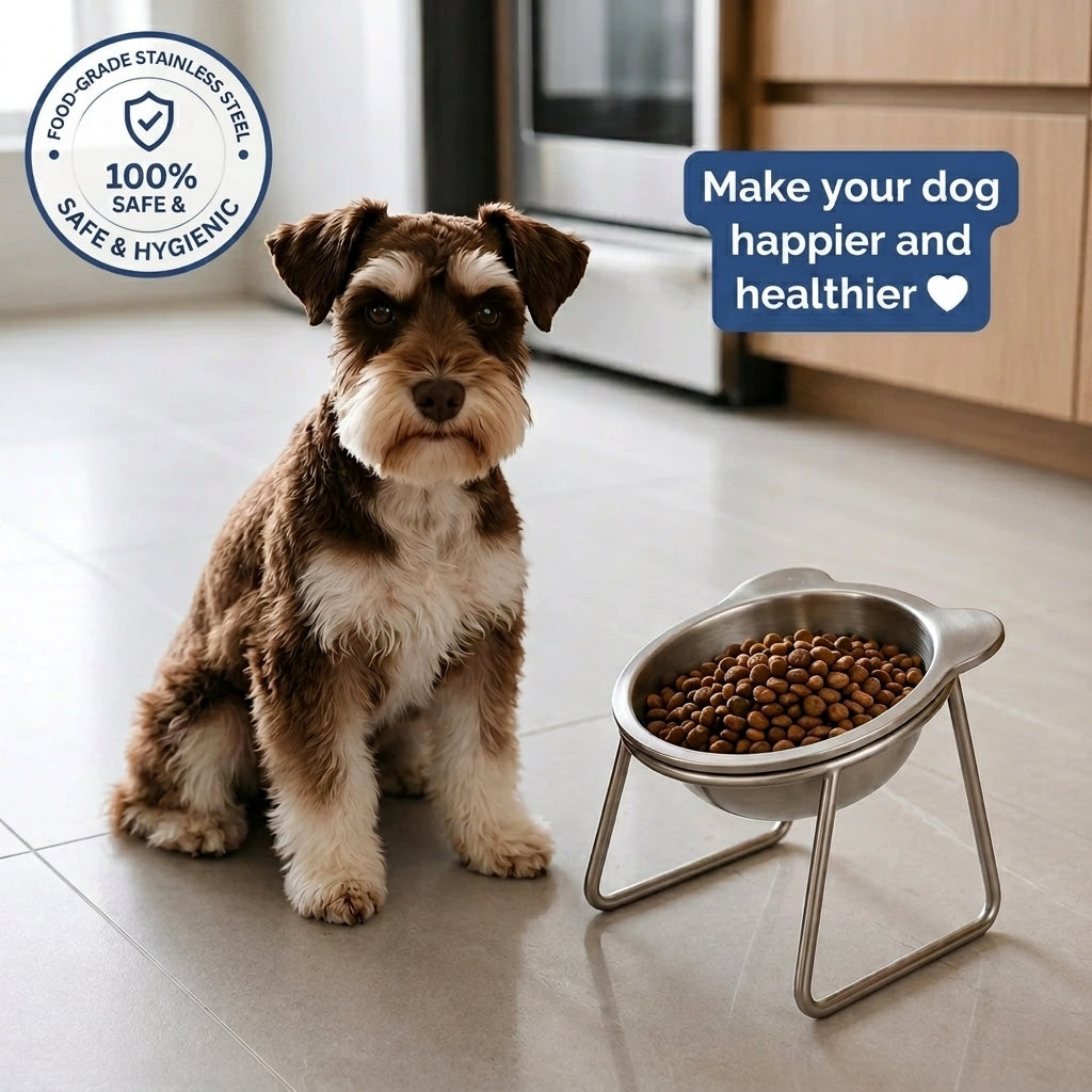 Small dog beside the Nidoriva orthopaedic raised dog bowl
