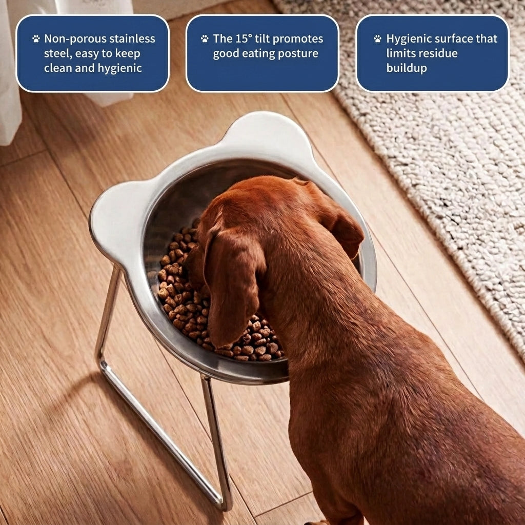 Dog eating from raised bowl with hygiene and posture benefits