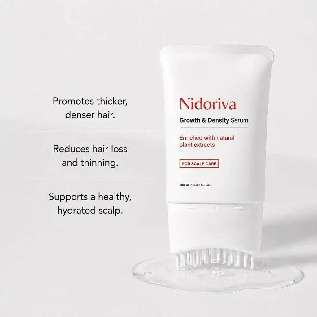 Nidoriva Growth & Density hair serum with built-in brush and key benefits
