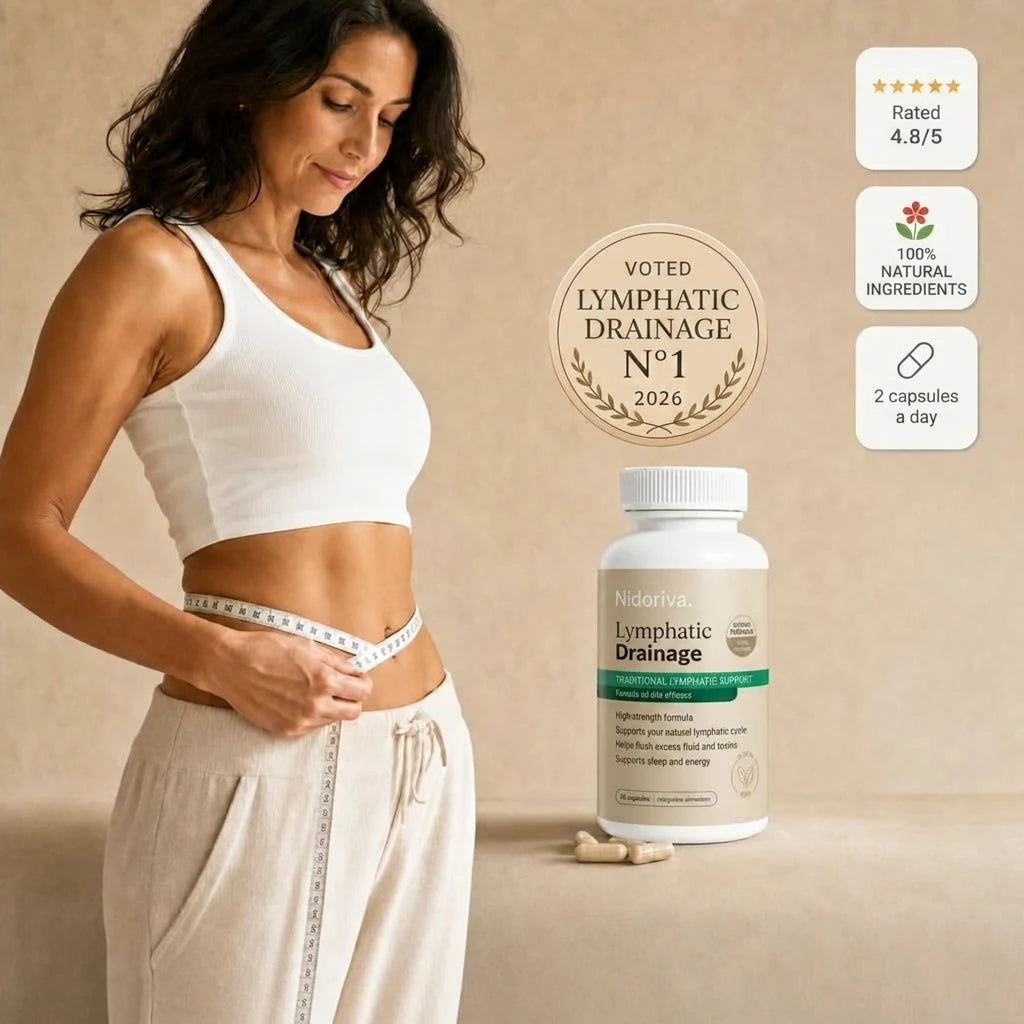 Nidoriva Lymphatic Drainage supplement bottle, voted No.1 2026, rated 4.8/5