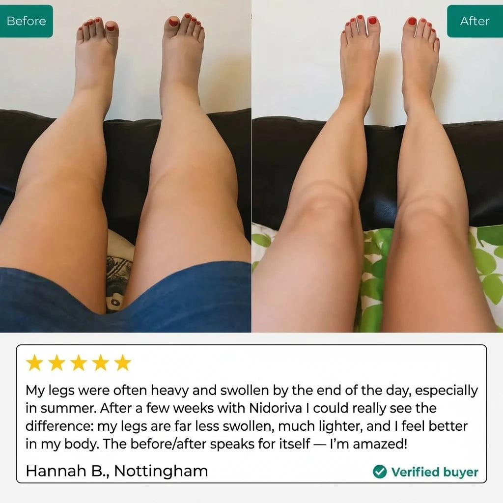 Before and after: less swollen legs after a few weeks with Nidoriva