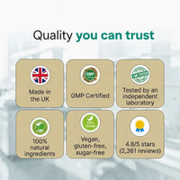 Quality you can trust: made in the UK, GMP certified, lab tested, vegan, 100% natural