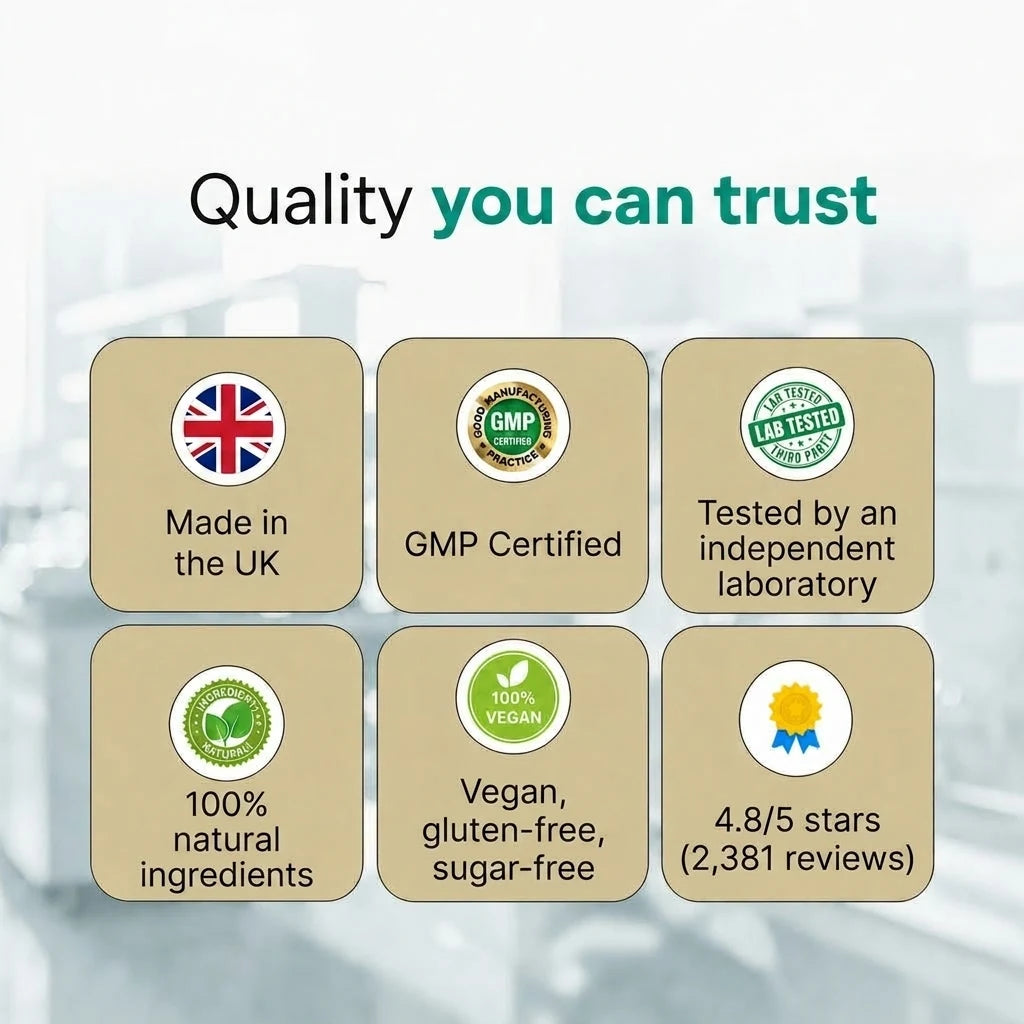 Quality you can trust: made in the UK, GMP certified, lab tested, vegan, 100% natural